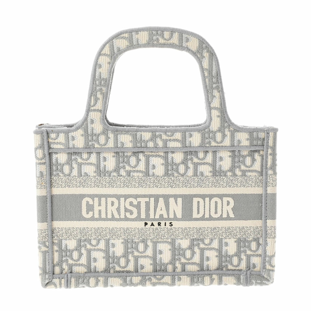 CHRISTIAN DIOR Book Tote Bag Embroidery White Gray Canvas Handbag